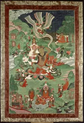 Buddha klipper en tofs hår, tibetansk tempelbanner
